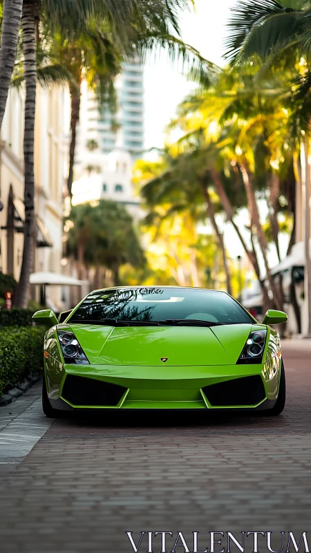 Lime green supercar dominates sunlit palm street scene.