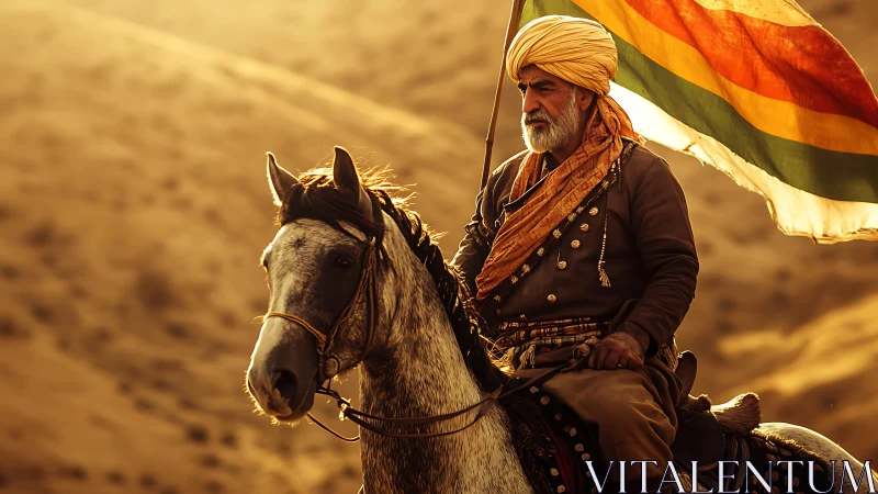 Proud rider carries a colorful banner through golden desert light