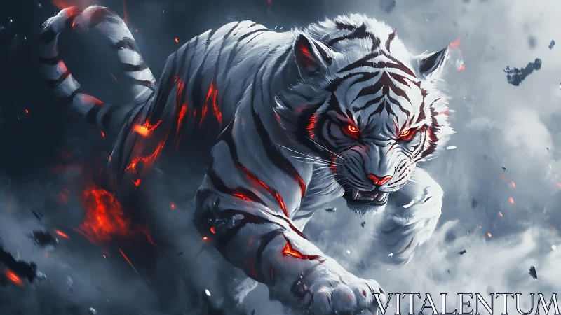 White tiger with glowing fissures advances through dense smoke