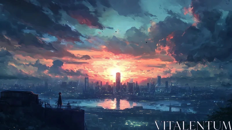 Silhouette watches distant city skyline at vivid sunset