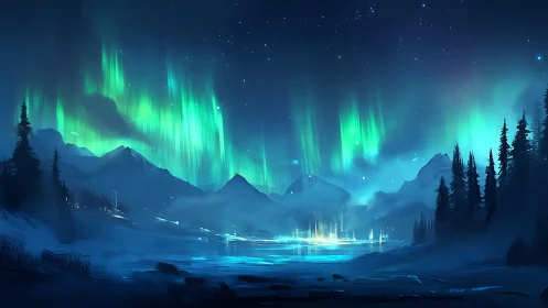 Emerald aurora drapes snowy mountains in serene polar night