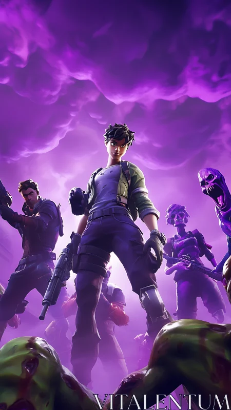 Stylized squad stands against purple storm and monsters.