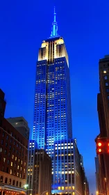 Skyscraper glows electric blue over twilight city street.