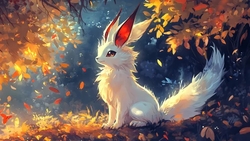 Bioluminescent fox-like creature framed by dynamic autumn foliage