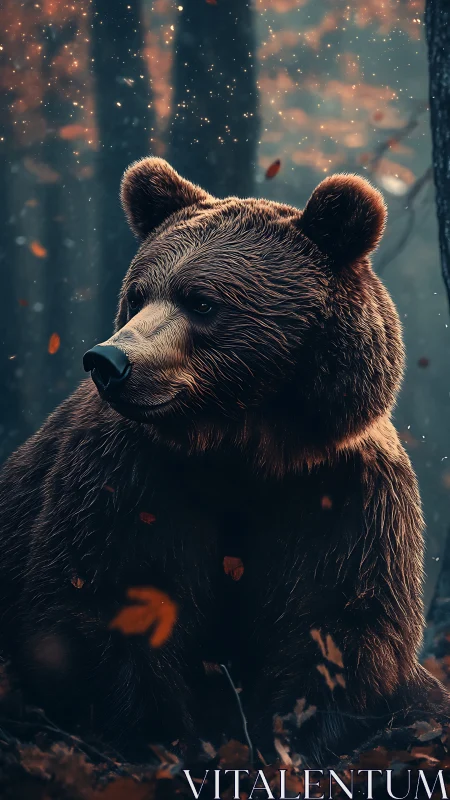 Autumn forest bear draped in ember-lit drifting leaves.
