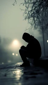 Silhouetted figure crouches on wet curb under foggy streetlight.