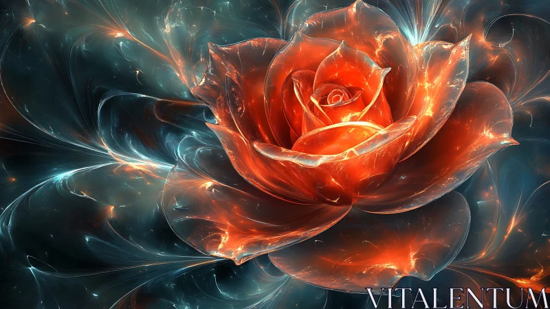 Glowing fractal rose with swirling blue and orange light.
