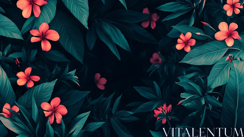 Coral Hibiscus Flowers with Teal Foliage on Dark Background Composition