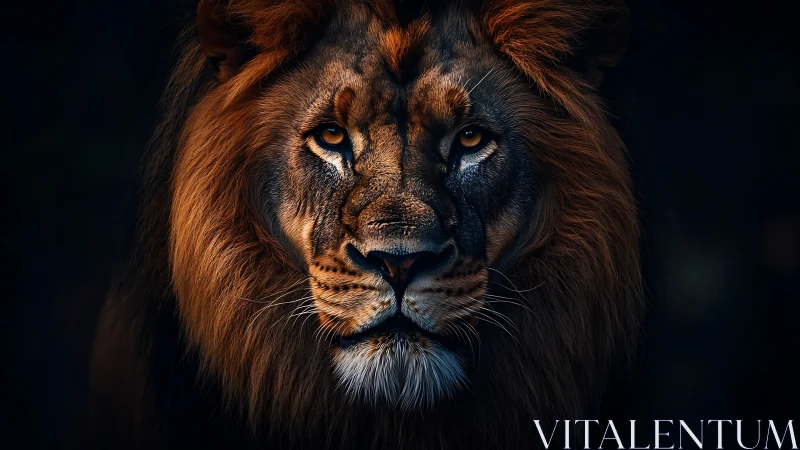 Lion portrait is rendered with controlled dramatic lighting