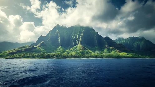 Volcanic Mountain Peak Over Ocean Waters.