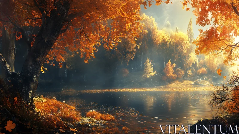 Autumn Riverscape with Luminous Foliage and Golden Hour Atmospheric Depth.