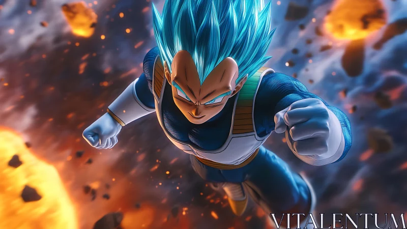 Energetic Saiyan combat ascent through explosive debris field.