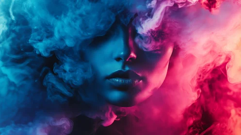 Chromatic vapor portrait with bicolor volumetric face shrouding.