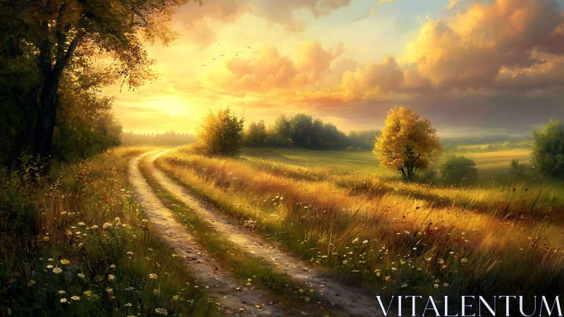 Country dirt road at sunset across golden summer fields.