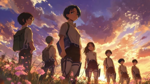 Sunset squad stands poised in wildflower training field.