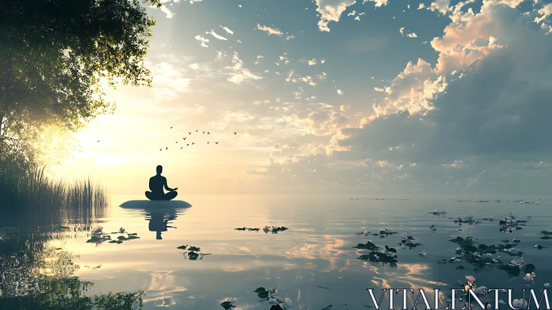 Calm figure meditating on water at sunrise or sunset.