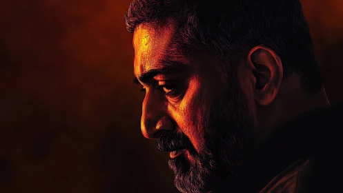 Pensive side profile glows in dramatic ember light.