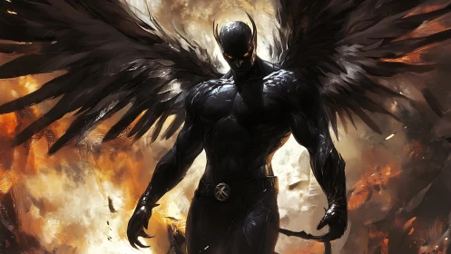 Dark winged humanoid figure in fiery abstract background.