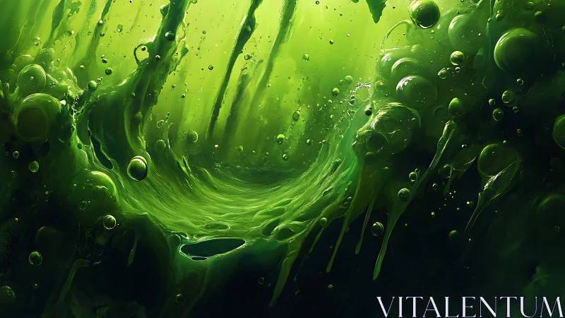 Viscous neon green fluid vortex with suspended translucent bubbles
