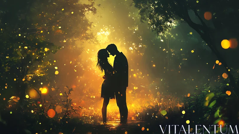 Romantic Kiss Illuminated by Magical Golden Fireflies.