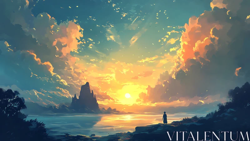 Solitary figure watching a luminous fantasy ocean sunrise.