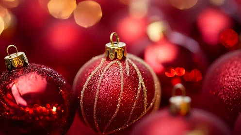 Red Christmas baubles glow against soft festive bokeh