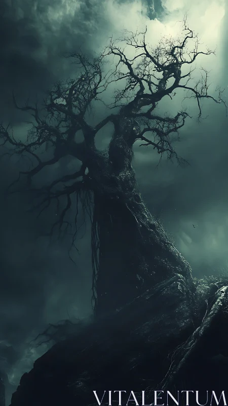 Dead tree silhouette under stormy night sky.