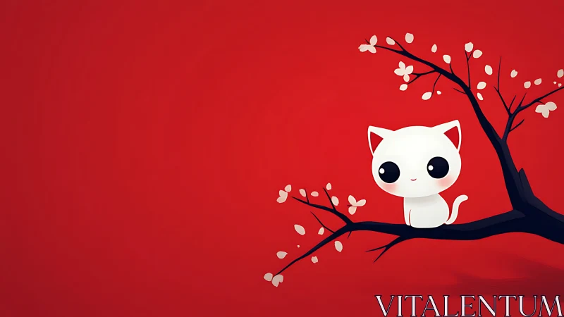 Sweet White Kitten Perched Among Cherry Blossoms.