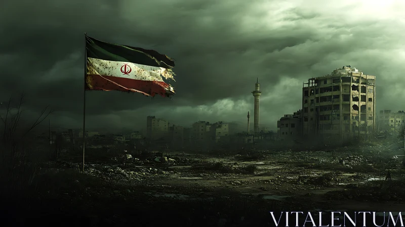 Torn flag haunts a storm-darkened, war-scarred cityscape.