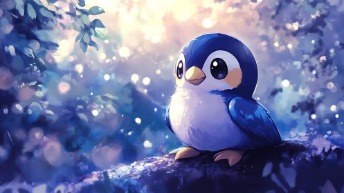 Cute Blue Cartoon Bird in Enchanted Forest, Soft Pastel Illustration.