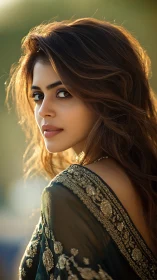 Backlit portrait in embroidered green saree at golden hour.