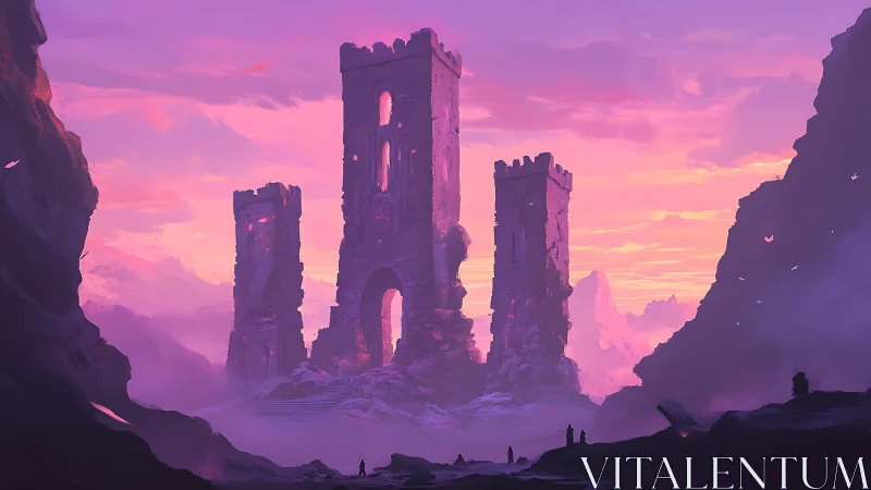Ruined fantasy towers under ethereal violet sunset sky.