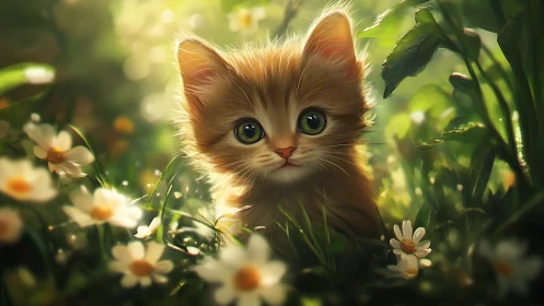 Young ginger kitten sitting in grass with white and yellow flowers.