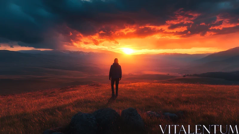 Sunset wanderer welcomes the glowing horizon in peace