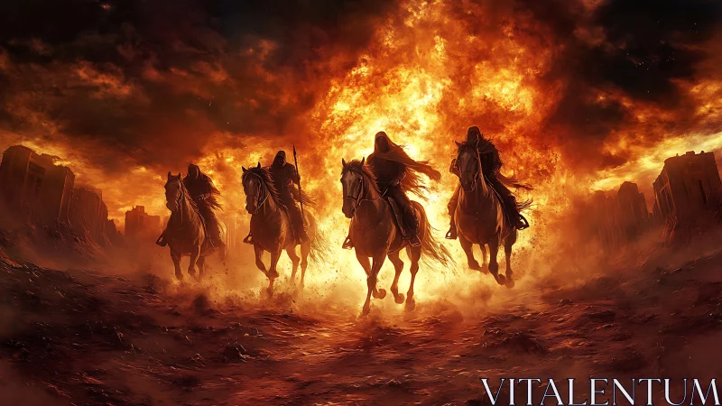 Flaming riders charge forward through a blazing apocalyptic sky