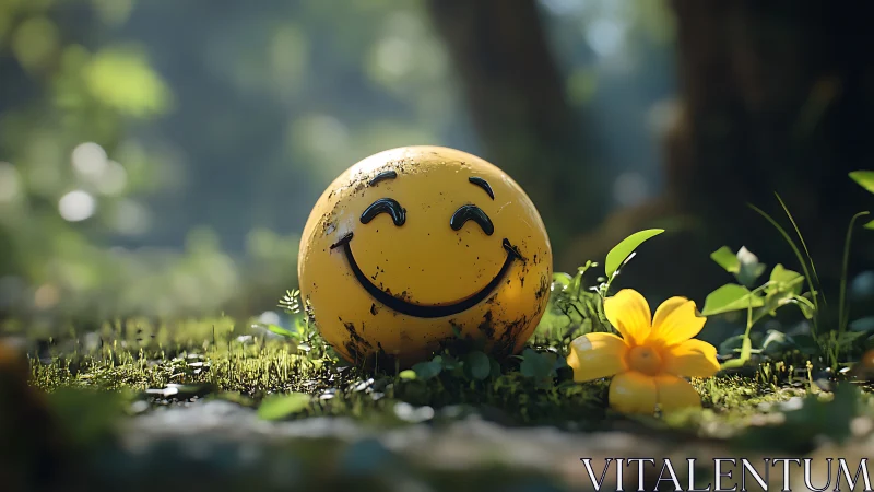Smiley sphere rests in sunlit forest moss, soft bokeh background.