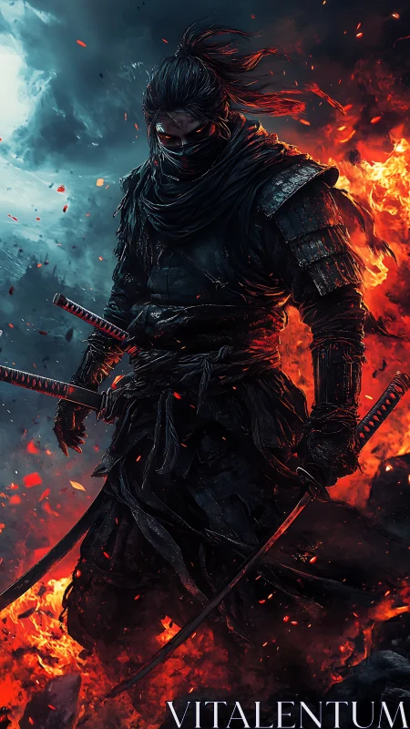 Blade-wreathed shadow warrior strides through molten dusk.