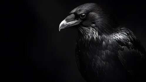 High-contrast raven portrait isolates plumage detail on black