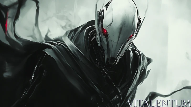 Midnight sentry robot strides forward with glowing red eyes