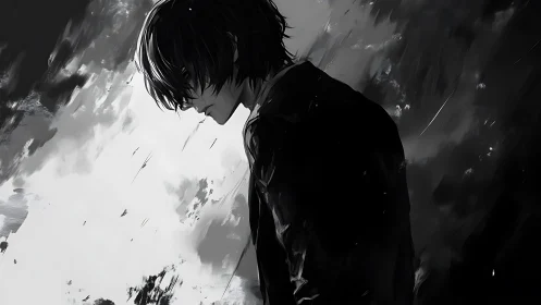 Brooding figure stands in stark monochrome storm of emotion.