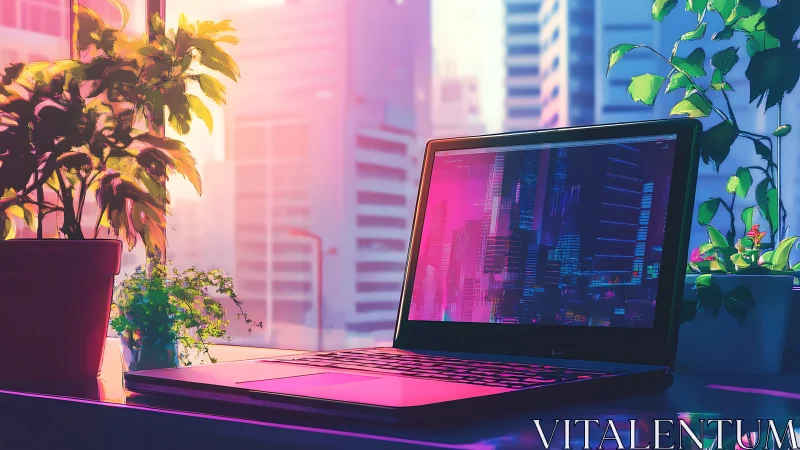 Cozy laptop workspace glowing with soft city sunset light.