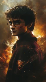 Young wizard portrait in burning atmospheric light.