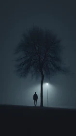 Solitary walker pauses beneath a ghostlit winter tree.