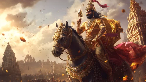 Armored warrior king on horse framed by Hindu temple towers