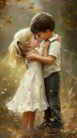 Two Children in Tender Moment Among Fall Leaves