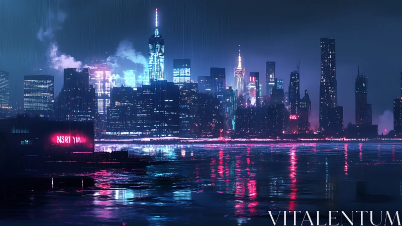 Neon rain stitches a cyberpunk skyline across the bay