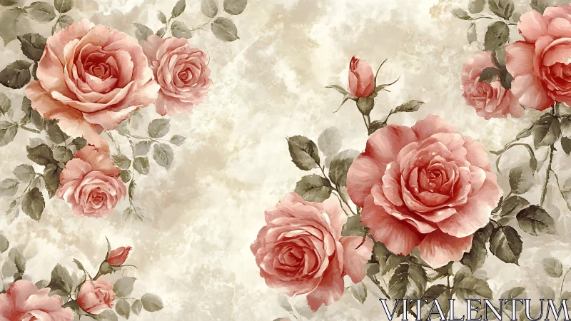 Vintage botanical composition with full-bloom English roses and foliage layers.