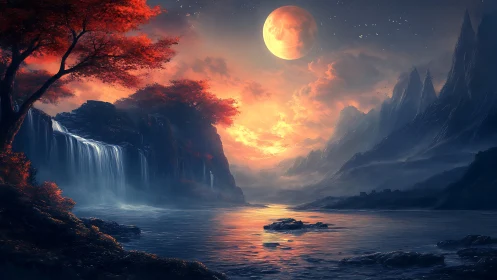 Crimson moon over cascading falls in misty fantasy valley
