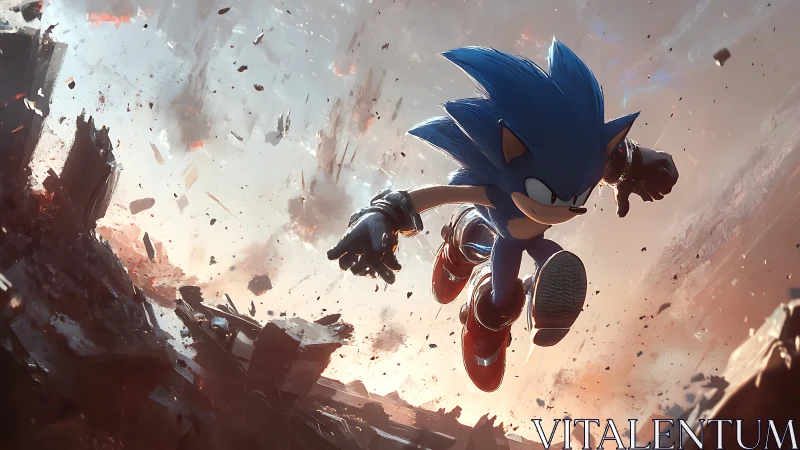 Blue speedster leaps boldly through a crumbling battle scene