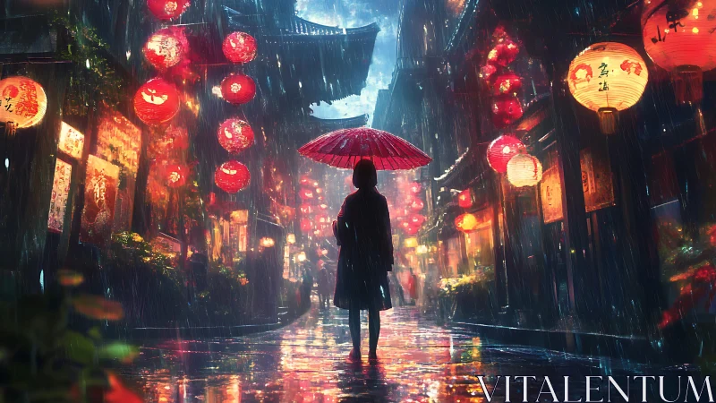 Solitary figure under red umbrella in neon drenched lantern alley